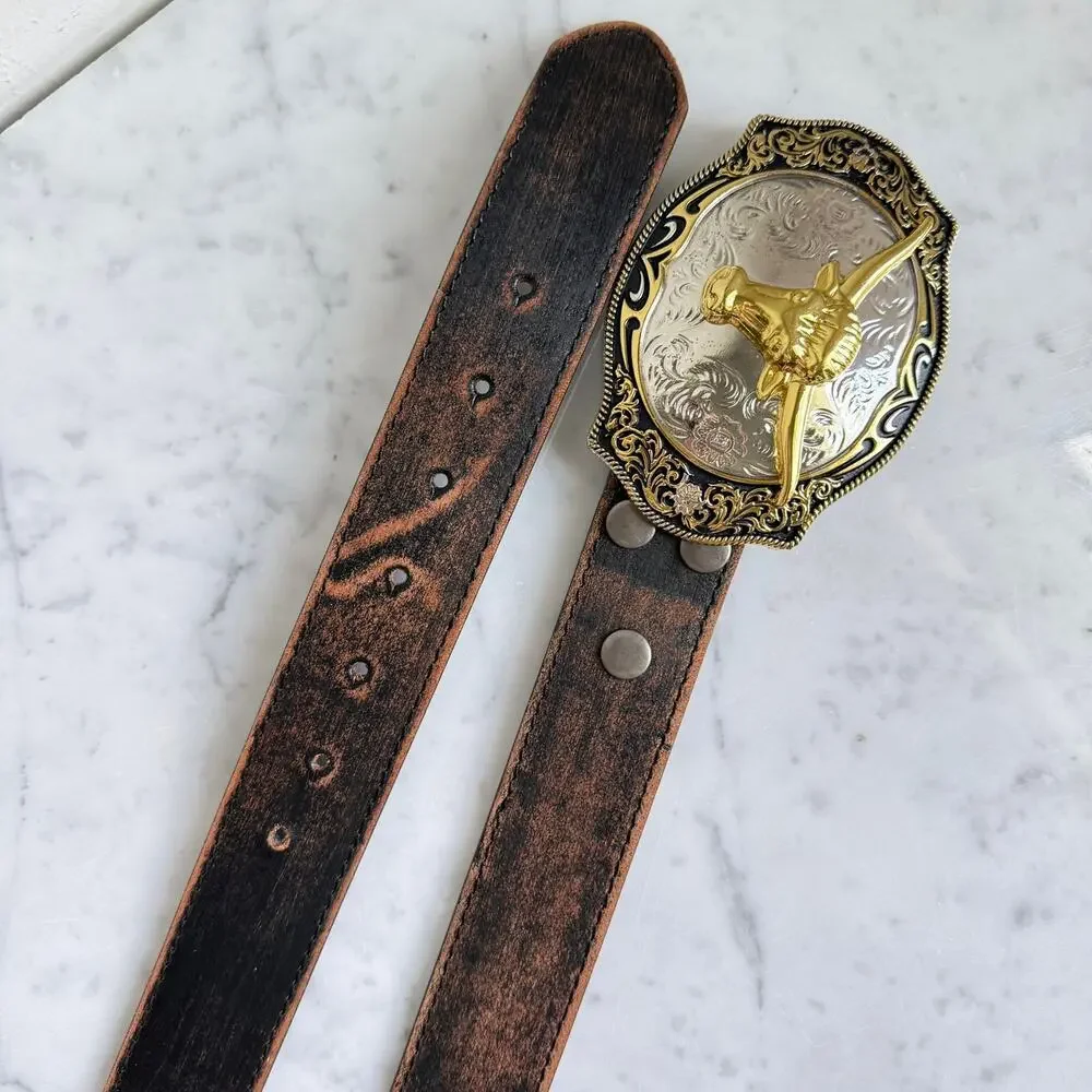 Longhorn Western Buckle Italian Vera Pelle Leather Belt XL 39-42